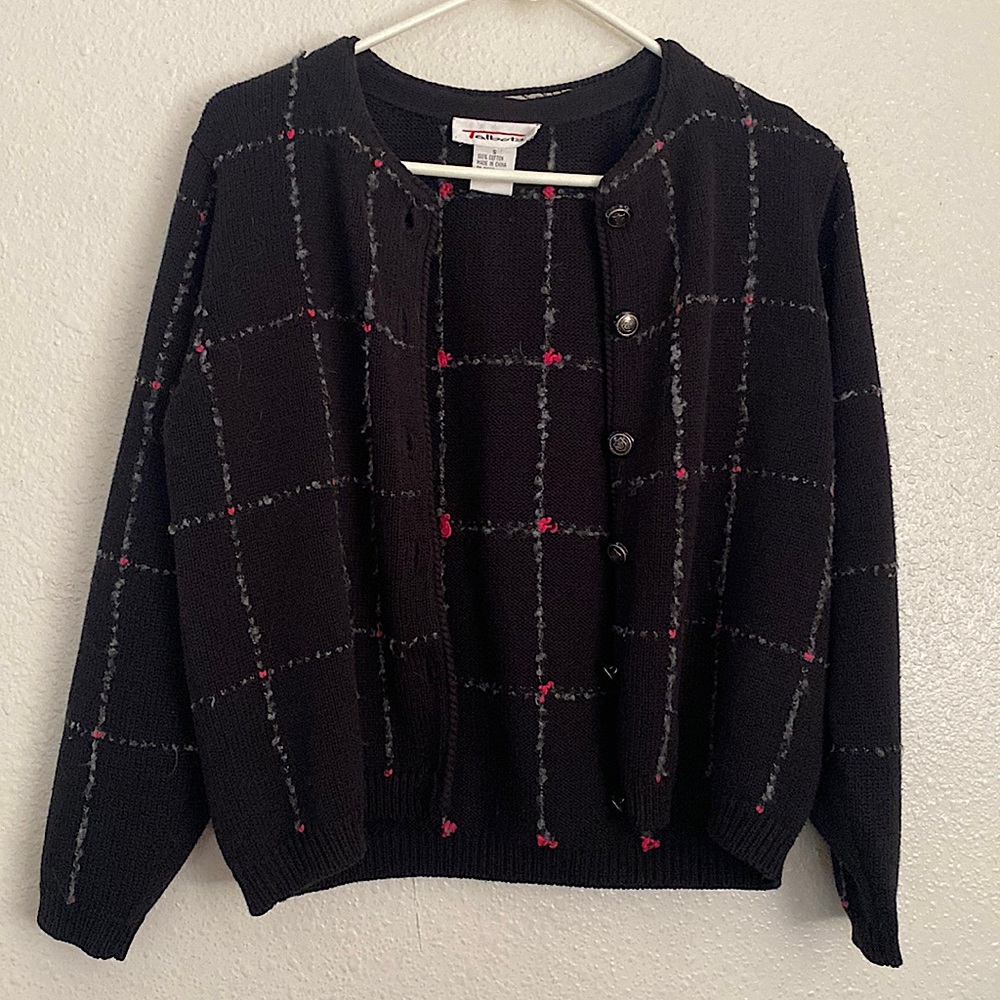 Talbots • Black, Gray, & Pink Knit Heart Button-Up Tweed Sweater Cardigan